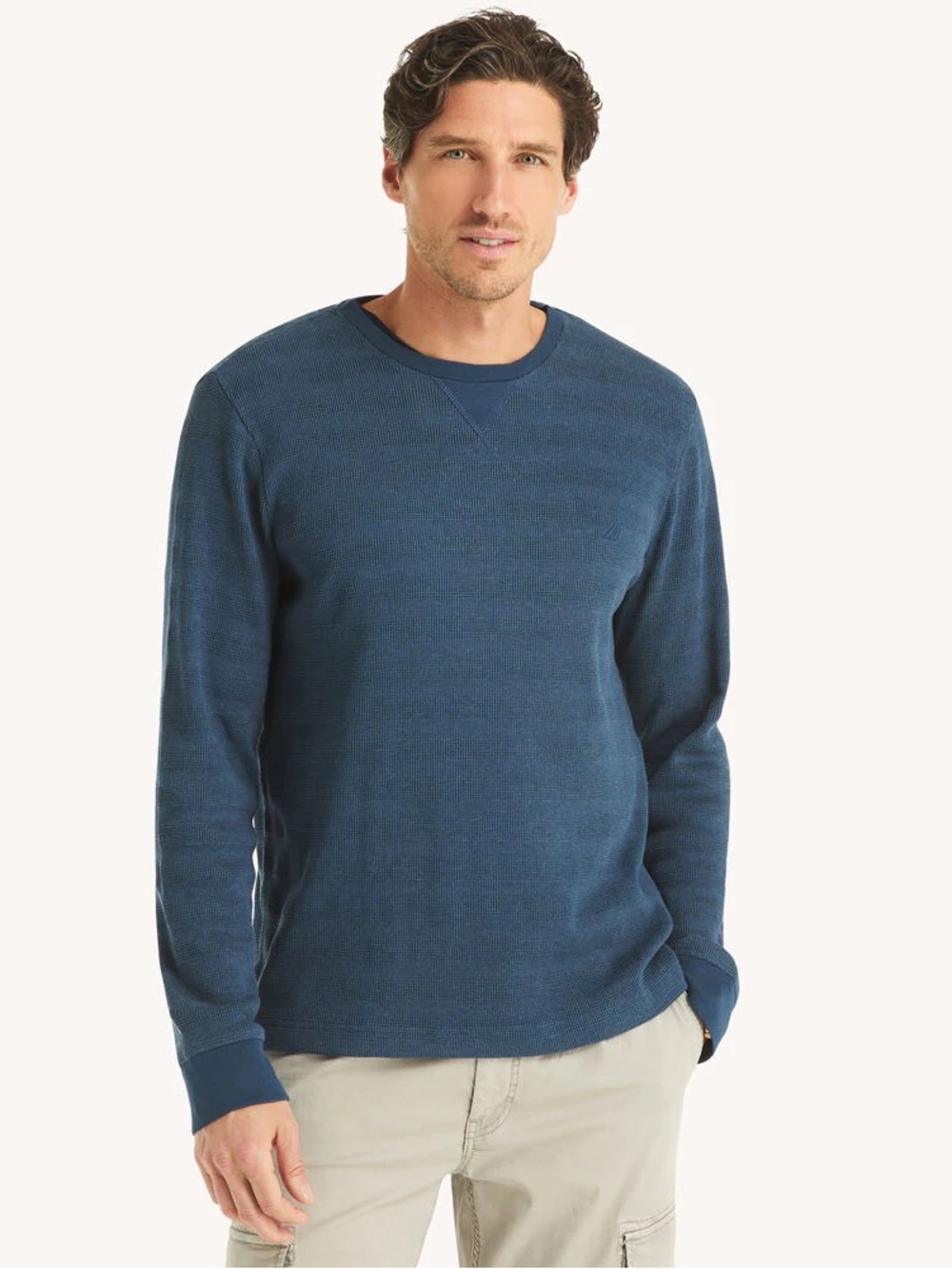 Nautica Long Sleeve Crewneck Top Tonal Horizontal Texture Men XLT Blue